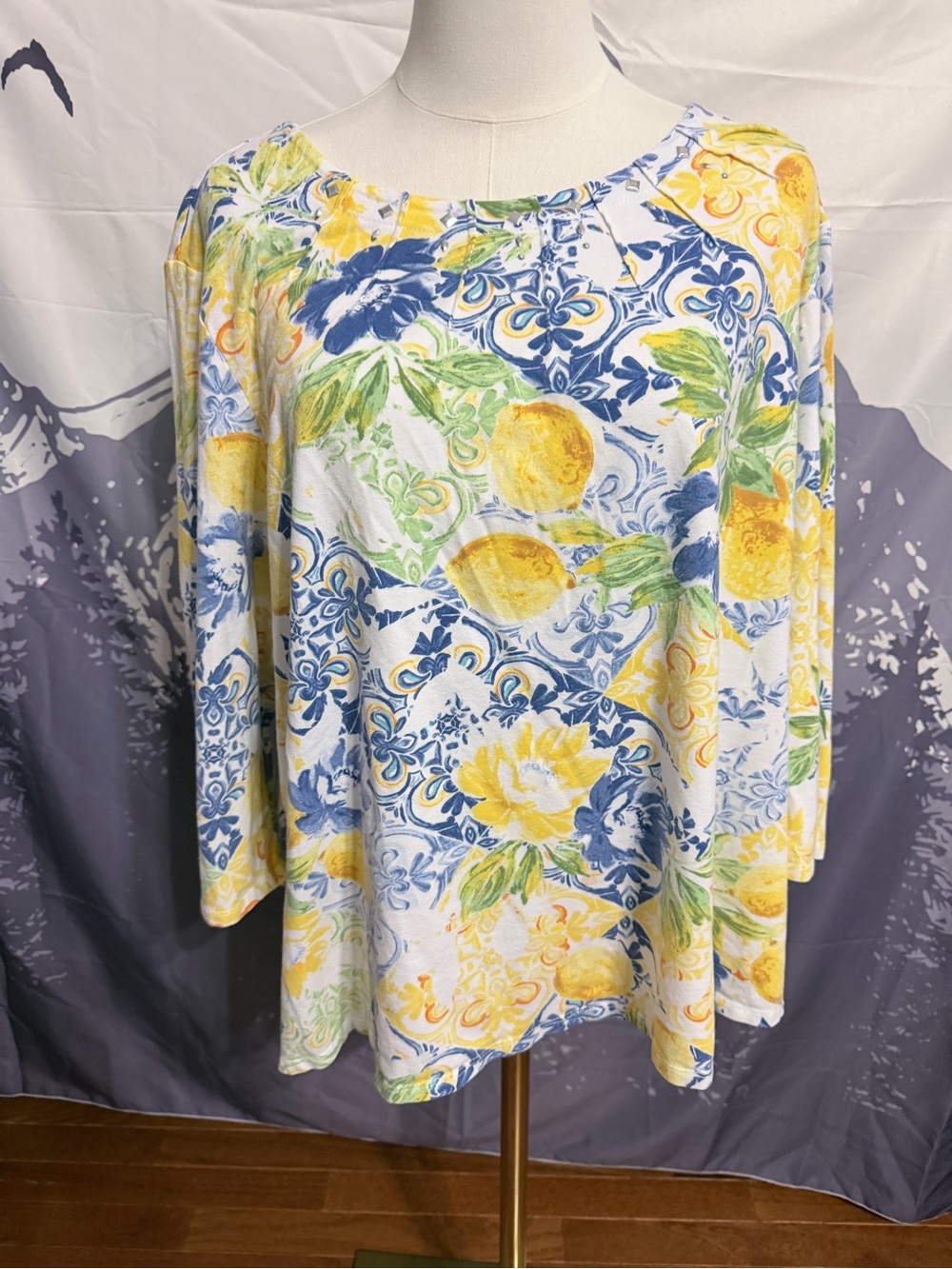 Alfred Dunner Lemon Floral Tile Print 3/4 Sleeve Top size 2x - Picture 6 of 8